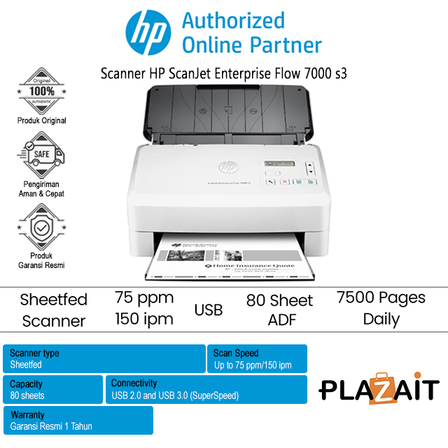 thumbnail image 2 of HP ScanJet Enterprise Flow 7000 S3 Sheet-feed Scanner (L2757A) - USB 3.0, 600x600 DPI 2 of 6