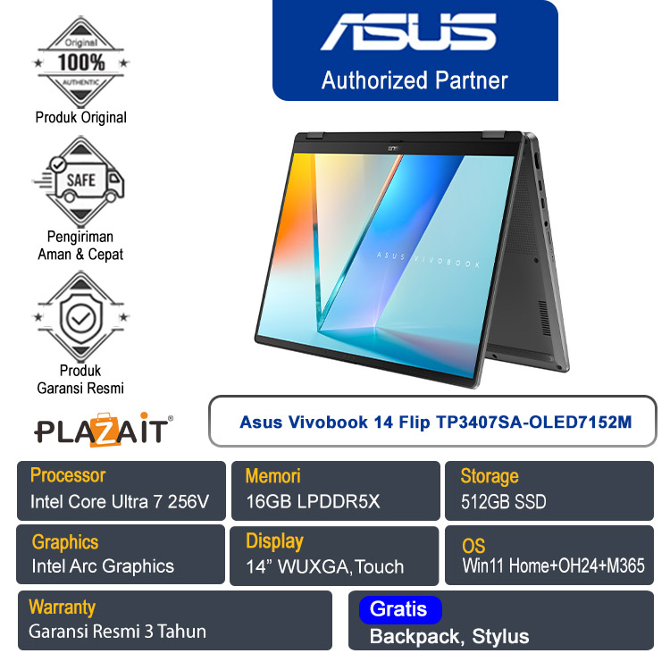 Asus Vivobook 14 Flip TP3407SA-OLED7152M /Intel Core Ultra 7 256V/16GB/512GB SSD/Intel Arc Graphics/14" WUXGA Touch/Win 11 Home+OH24+M365/Matte Gray/3Y