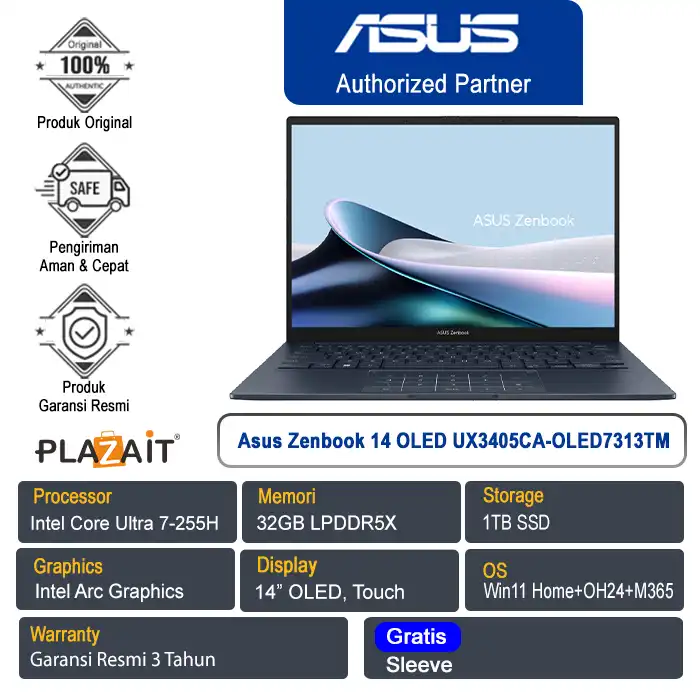 Asus Zenbook 14 OLED UX3405CA-OLED7313TM /Intel Core Ultra 7-255H/32GB/1TB SSD/Intel Arc Graphics/14" OLED Touch/Win 11 Home+OH24+M365/Ponder Blue/2Y
