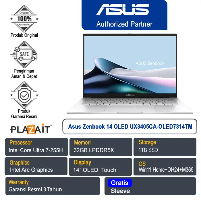 Asus Zenbook 14 OLED UX3405CA-OLED7314TM /Intel Core Ultra 7-255H/32GB/1TB SSD/Intel Arc Graphics/14" OLED Touch/Win 11 Home+OH24+M365/Foggy Silver/3Y
