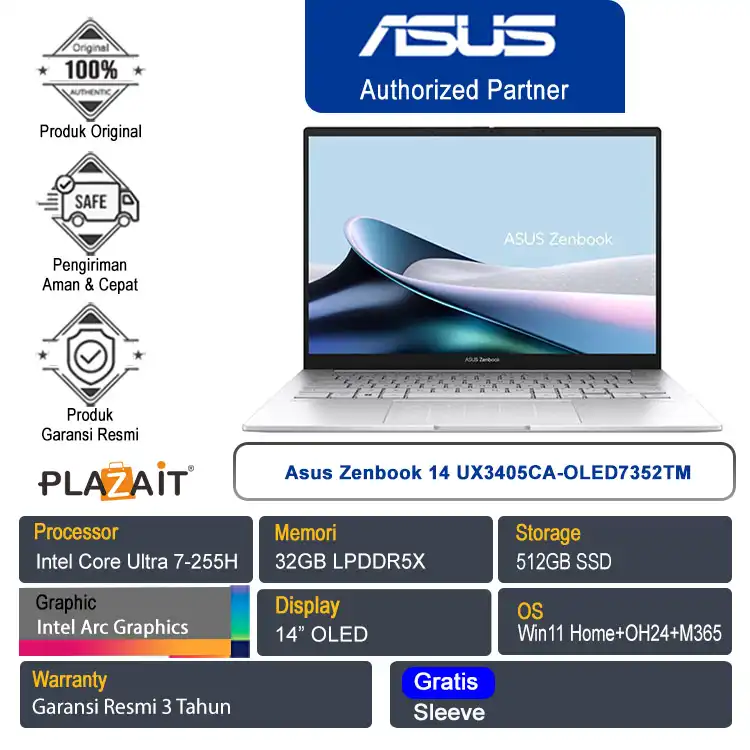 Asus Zenbook 14 UX3405CA-OLED7352TM /Intel Core Ultra 7-255H/32GB/512GB SSD/Intel Arc Graphics/14" OLED Touch/Win 11 Home+OH24+M365/Foggy Silver/3Y
