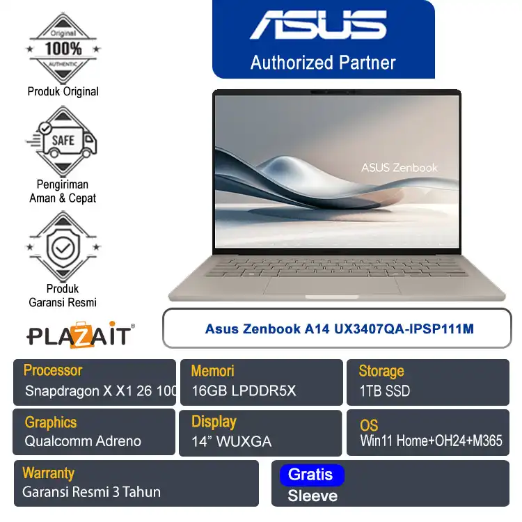 Asus Zenbook A14 UX3407QA-IPSP111M /Snapdragon X X1 26 100/16GB/1TB  SSD/Qualcomm Adreno GPU/14" WUXGA/Win 11 Home+OH24+M365/Zabriskie Beige/3Y