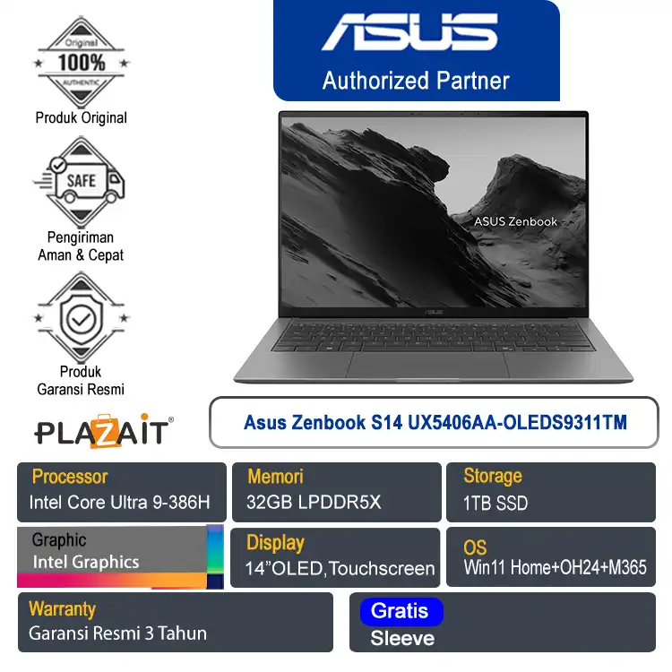 Asus Zenbook S14 UX5406AA-OLEDS9311TM /Intel Core Ultra 9-386H/32GB/1TB SSD/Intel Graphics/14" OLED Touch/Win 11 Home+OH24+M365/Antrim Gray/3Y