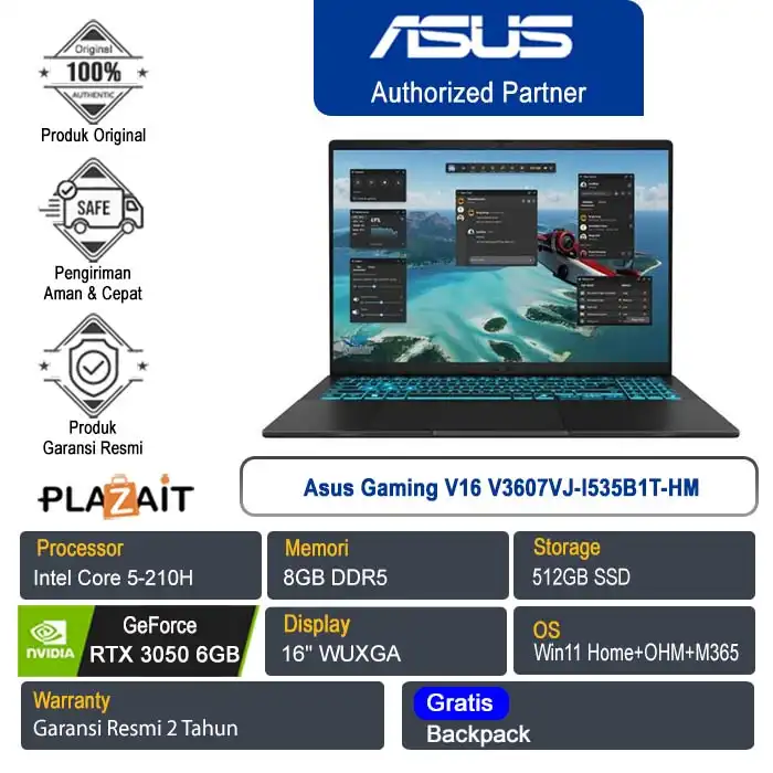 Asus Gaming V16 V3607VJ-I535B1T-HM  / Intel Core 5-210H/8GB/512GB SSD/NVIDIA GeForce RTX 3050 6GB/16" WUXGA/Win 11 Home+OHM+M365/Matte Black/2Y