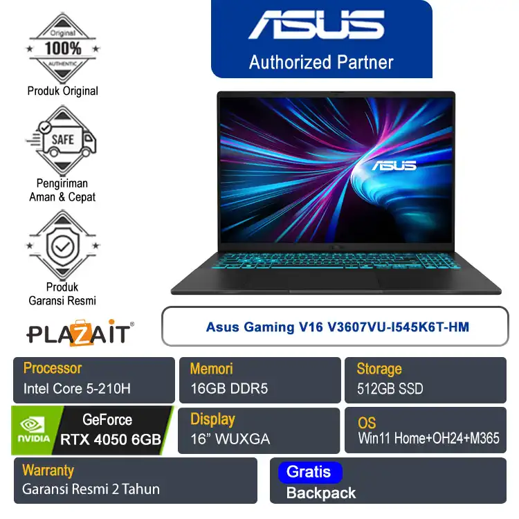 Asus Gaming V16 V3607VU-I545K6T-HM /Intel Core 5-210H/16GB/512GB SSD/NVIDIA GeForce RTX 4050 6GB/16" WUXGA/Win 11 Home+OH24+M365/Matte Black/2Y