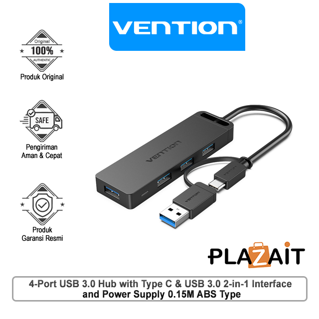 Vention CHT 4-Port USB 3.0 Hub with Type C & USB 3.0 2-in-1 Interface and  Power Supply 0.15M ABS Type