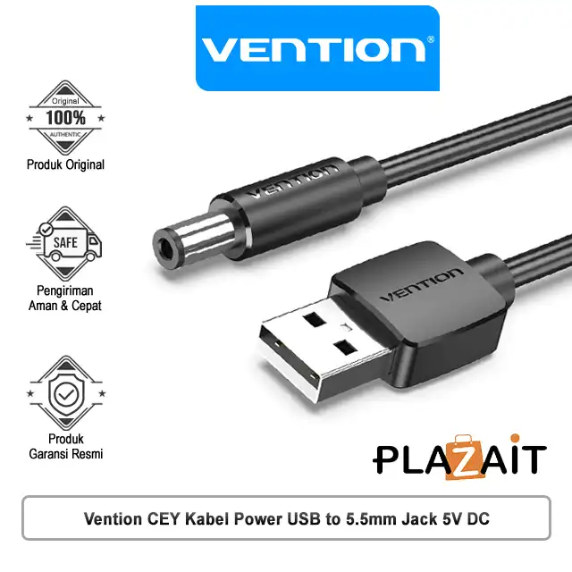 Vention CEY Kabel Power USB to 5.5mm Jack 5V DC Black - 1.5M