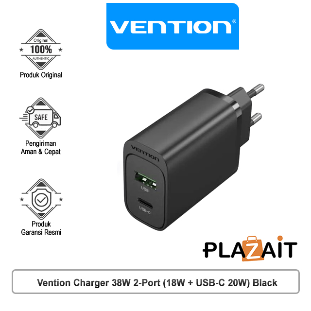 Vention Charger 38W 2-Port (18W + USB-C 20W) Black