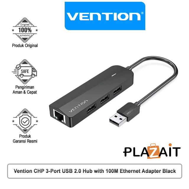 Vention CHP 3-Port USB 2.0 Hub with 100M Ethernet Adapter Black