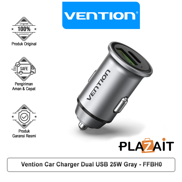 Vention FFB Car Charger Mobil Dual USB Port 25W Gray
